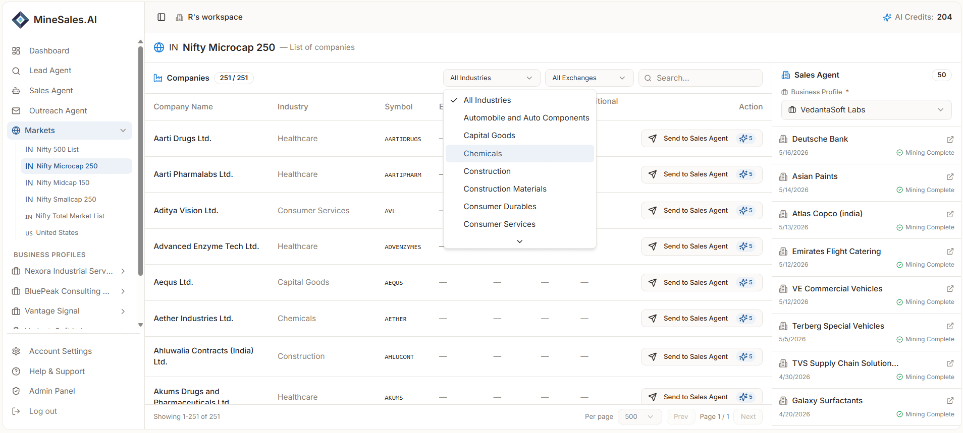 Curated market lists - browse and filter real companies, then send one to research.