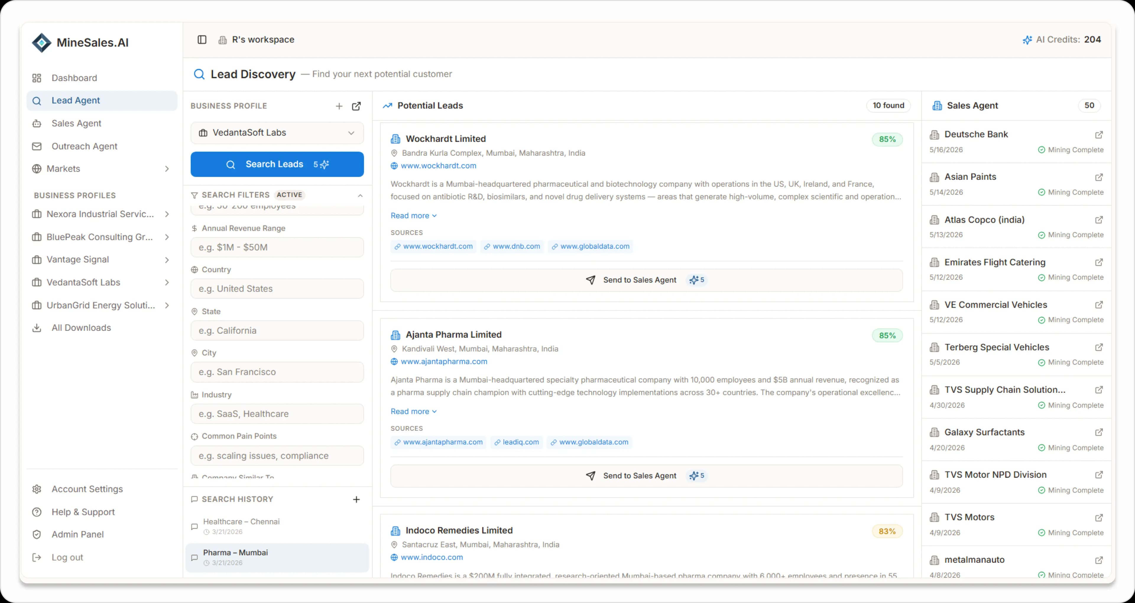 MineSales.AI Lead Discovery interface showing prospect companies and sales bank