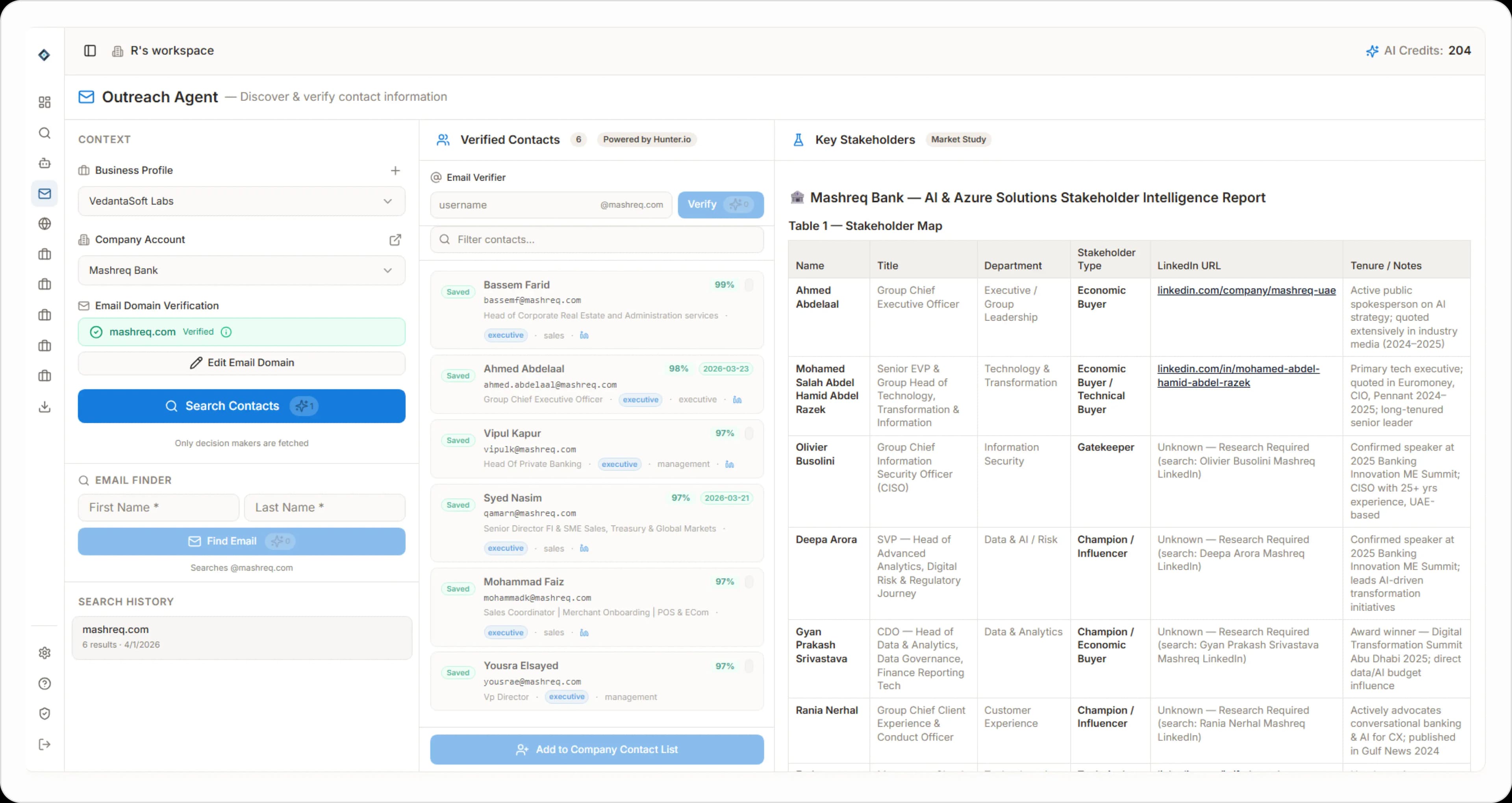 MineSales.AI Outreach Agent interface showing verified decision-maker contacts