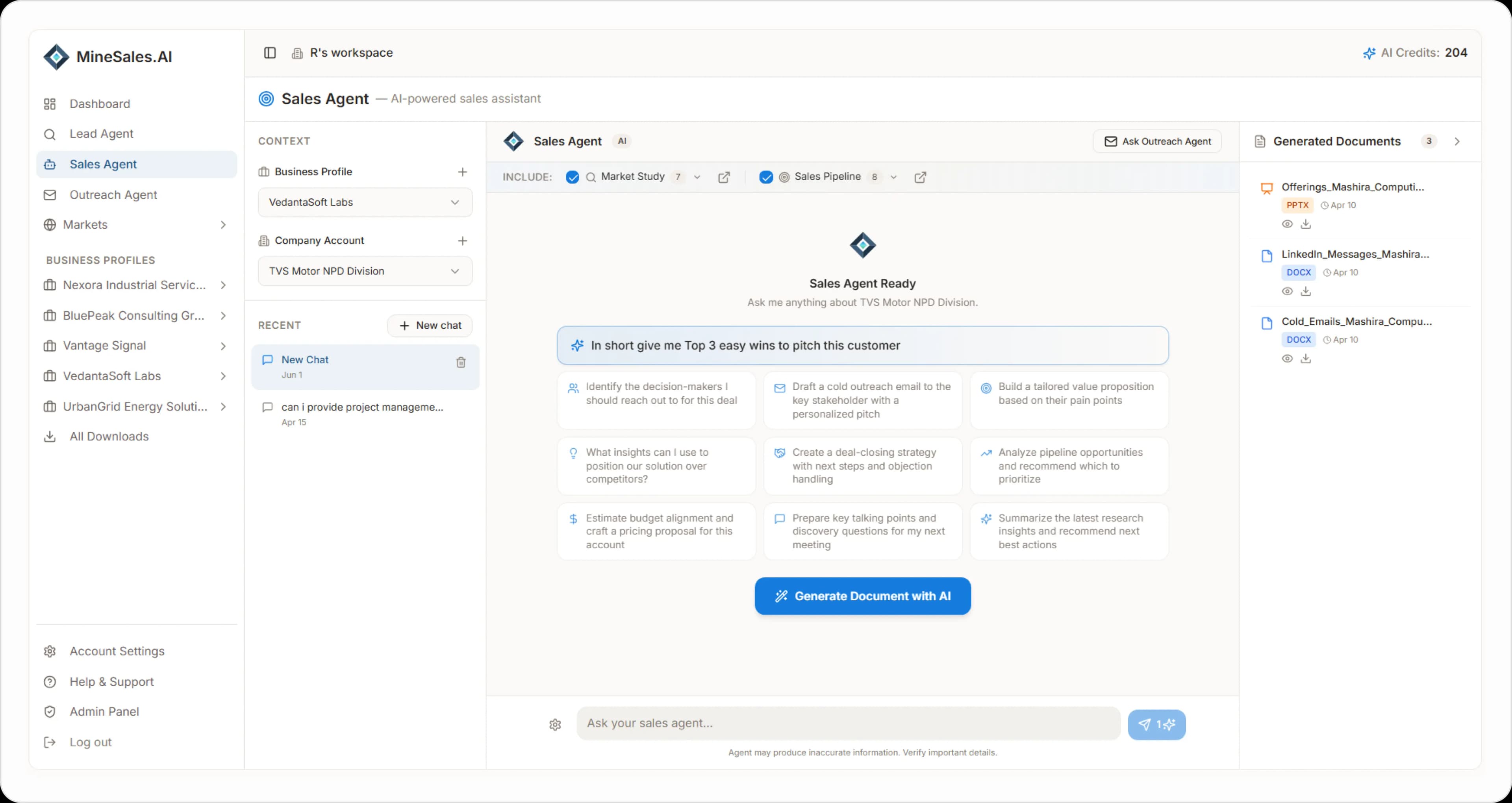 MineSales.AI Sales Agent interface showing generated documents and opportunity pipeline