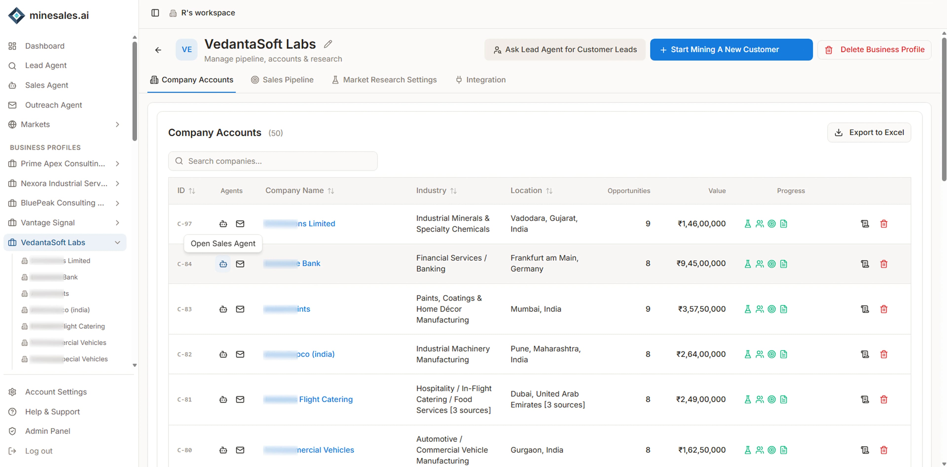 The minesales dashboard, where you create and manage the business profiles everything else aligns to.