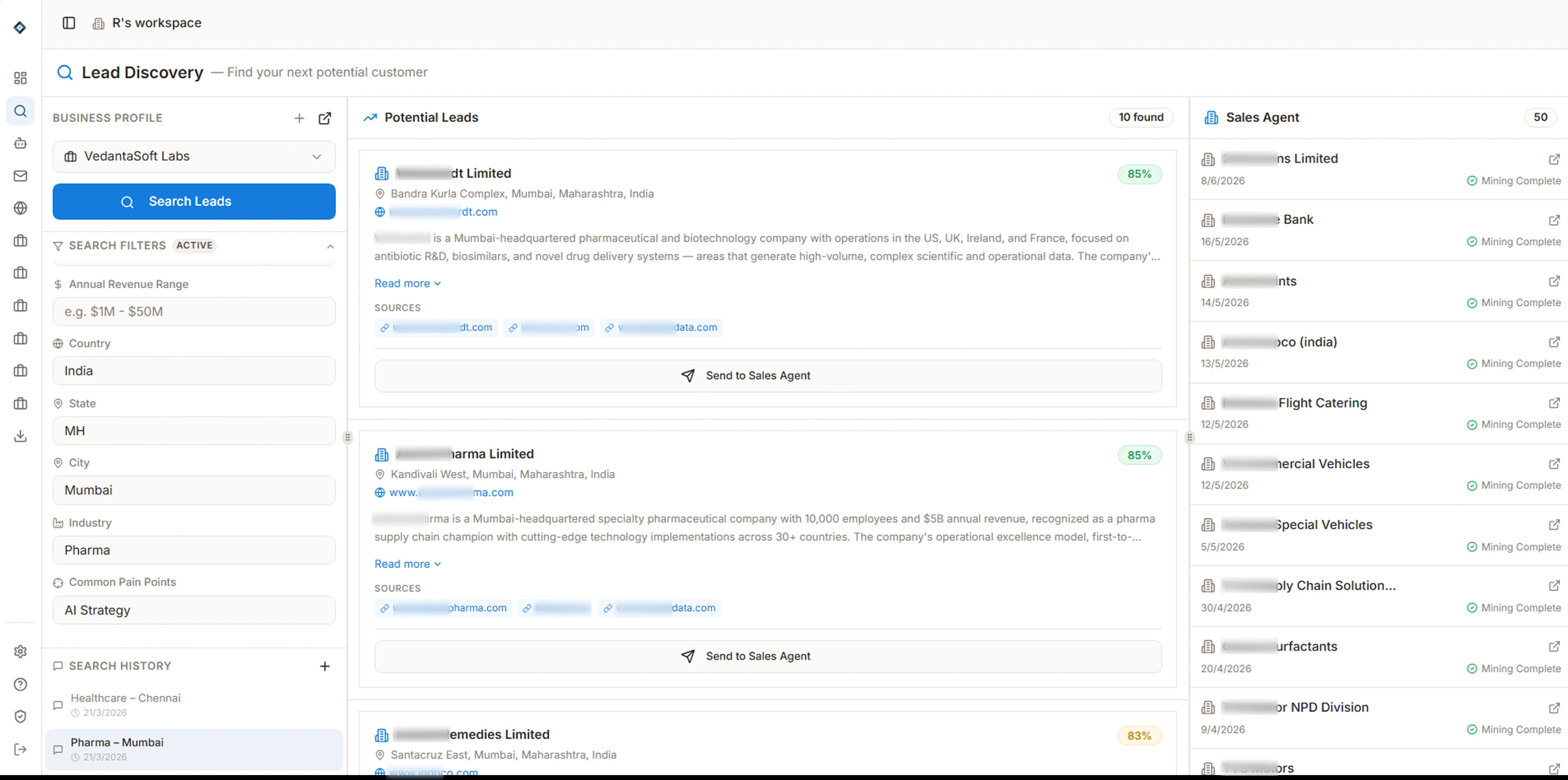 MineSales.AI Lead Discovery interface showing prospect companies and sales bank
