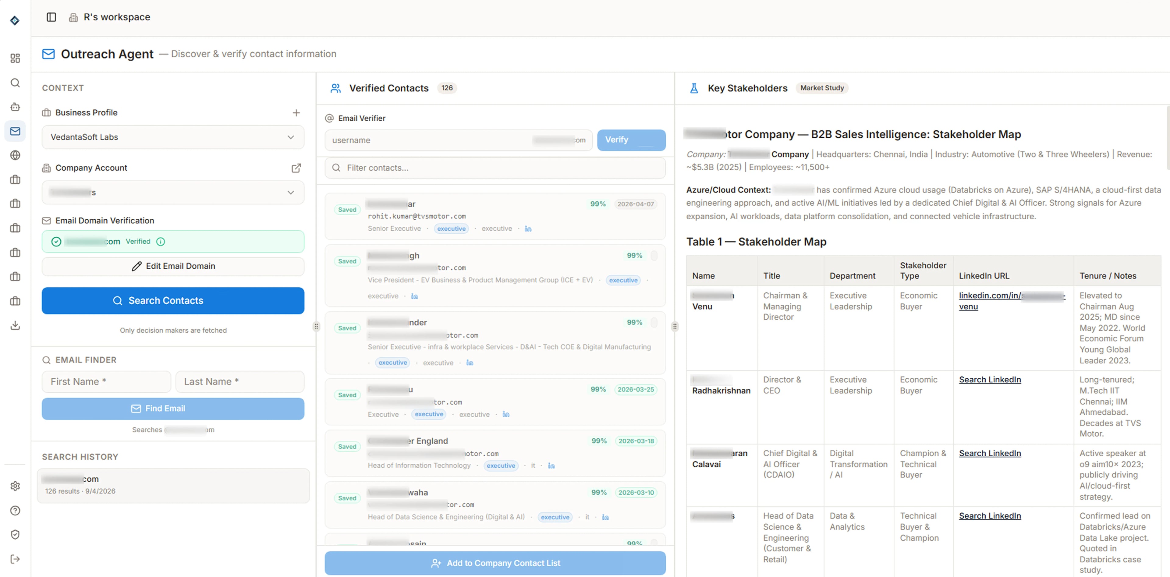 MineSales.AI Outreach Agent interface showing verified decision-maker contacts