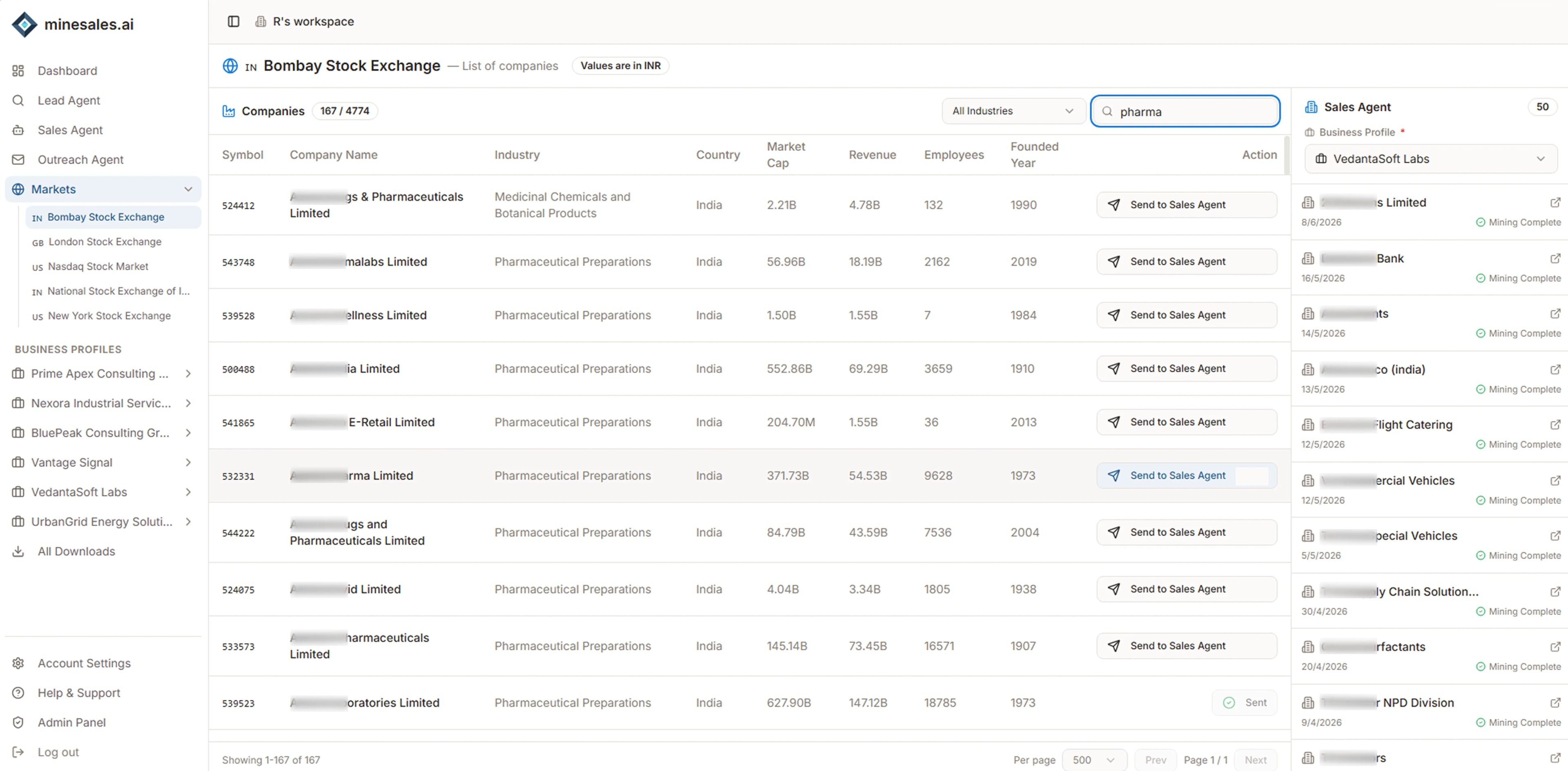 Curated market lists - browse and filter real companies, then send one to research.