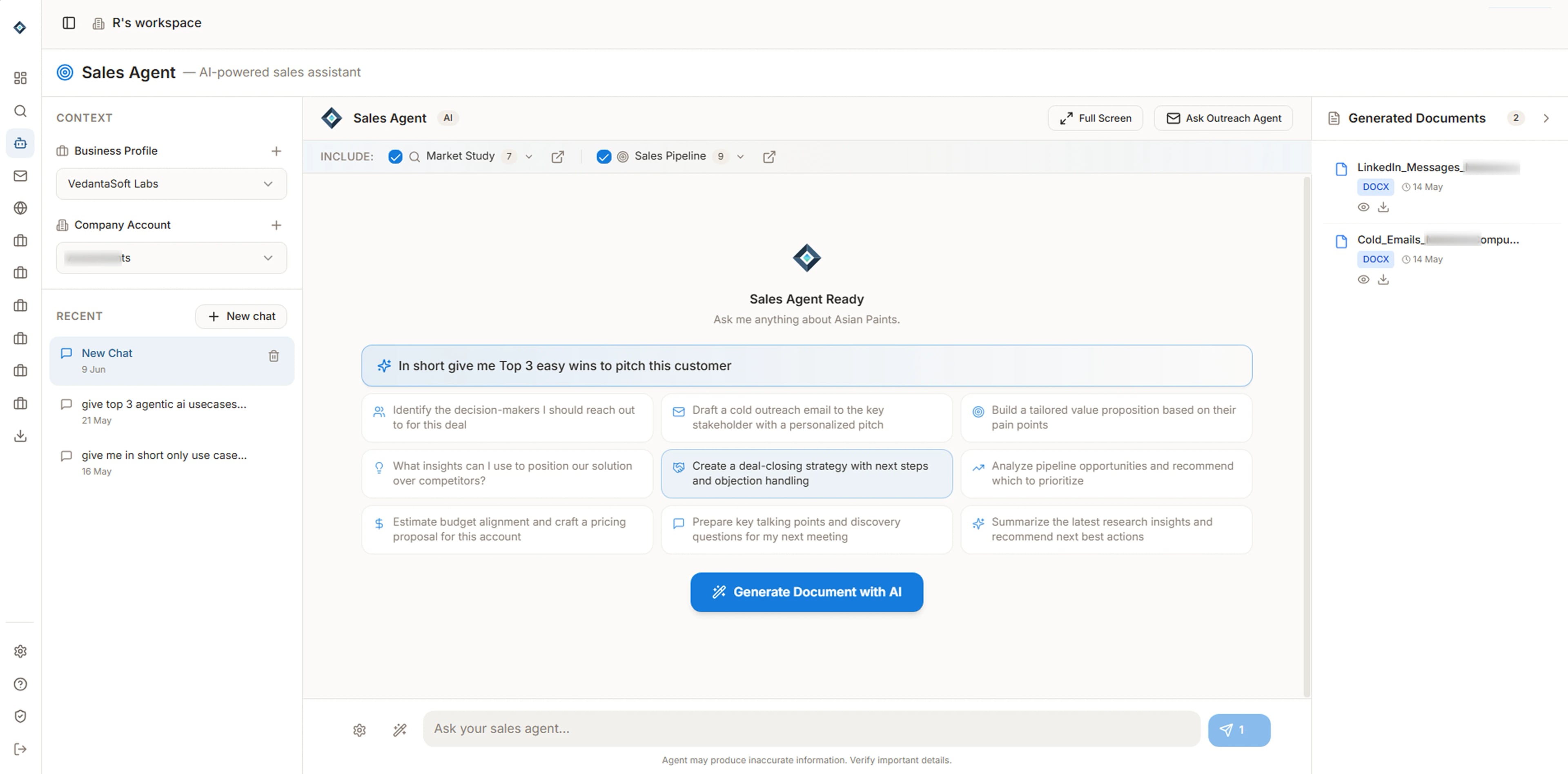 MineSales.AI Sales Agent interface showing generated documents and opportunity pipeline