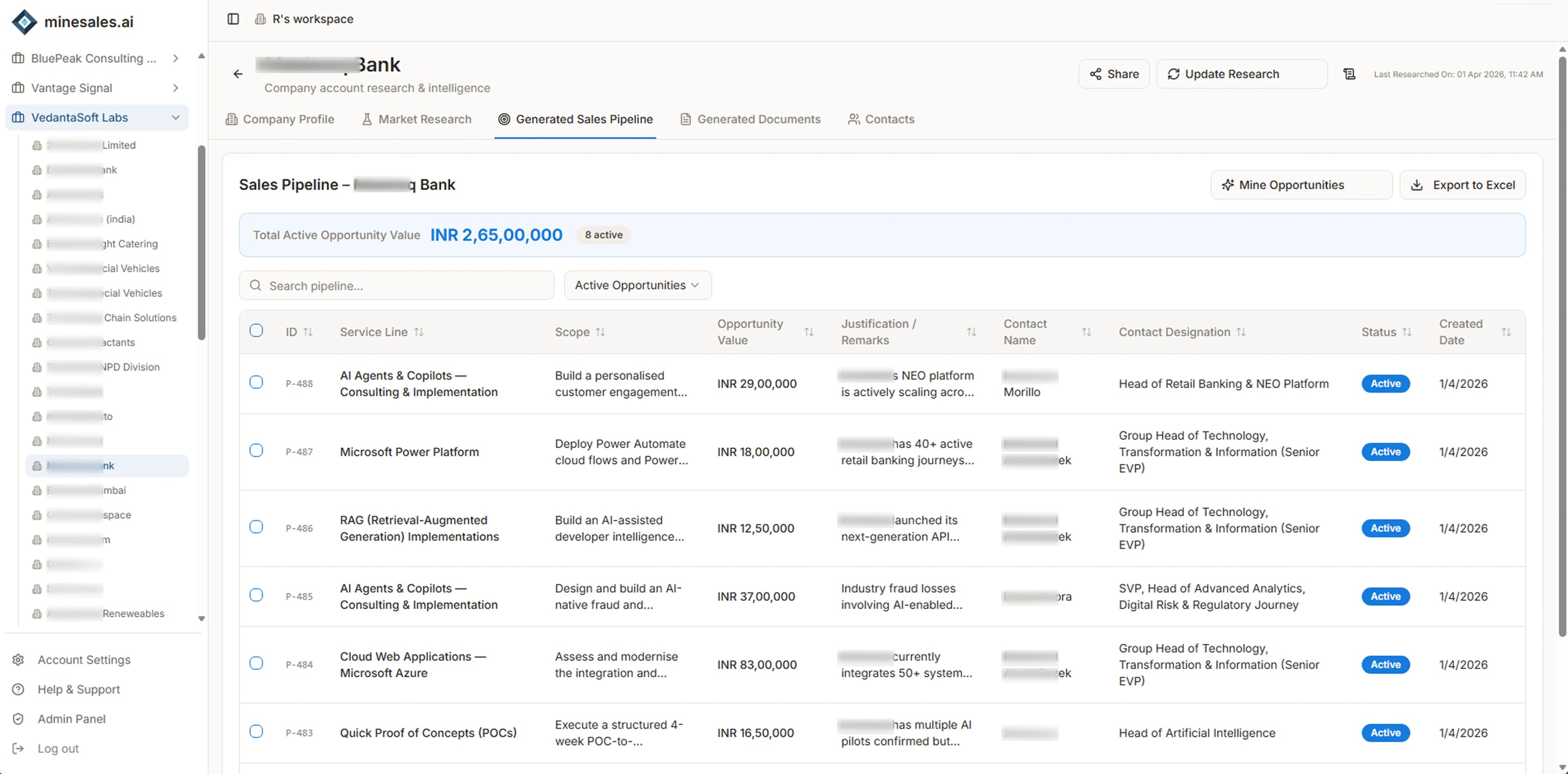 An auto-generated sales pipeline of valued, justified opportunities for a target account.