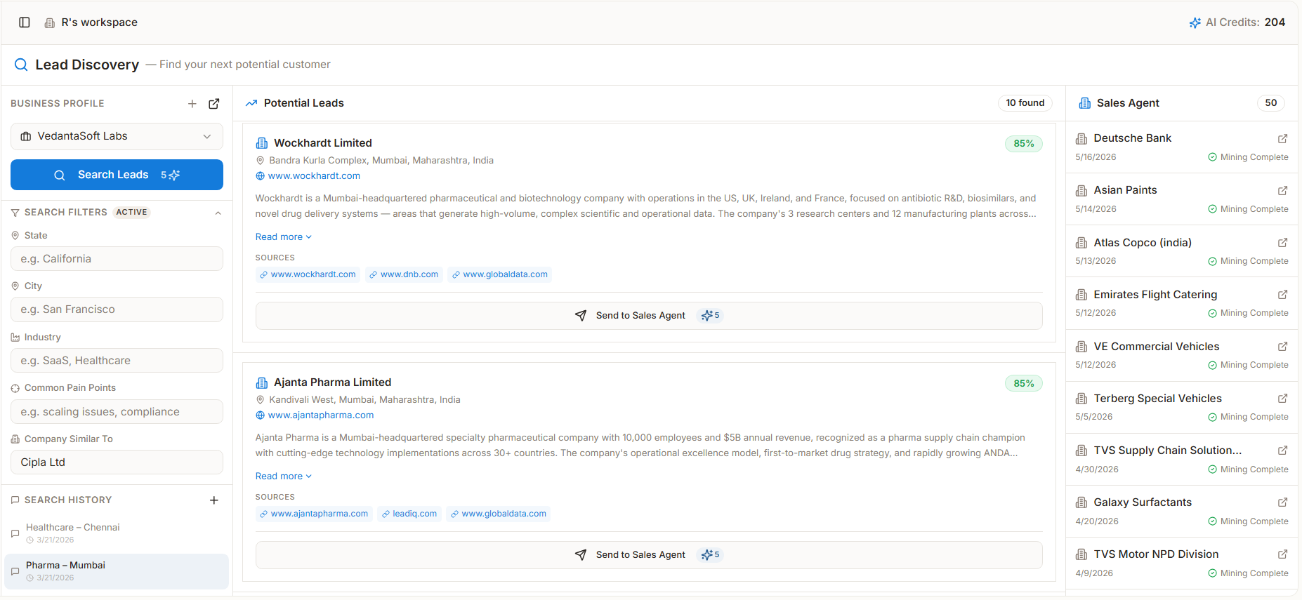 Lead Agent surfacing a fit-matched lead list, each with a rationale and sources