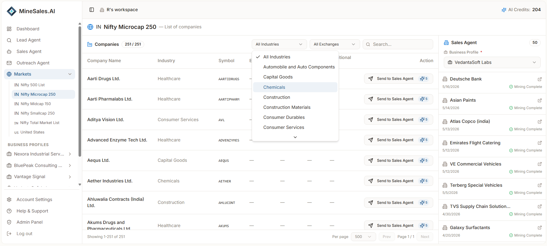 Curated market lists — browse and filter real companies, then send one to research.